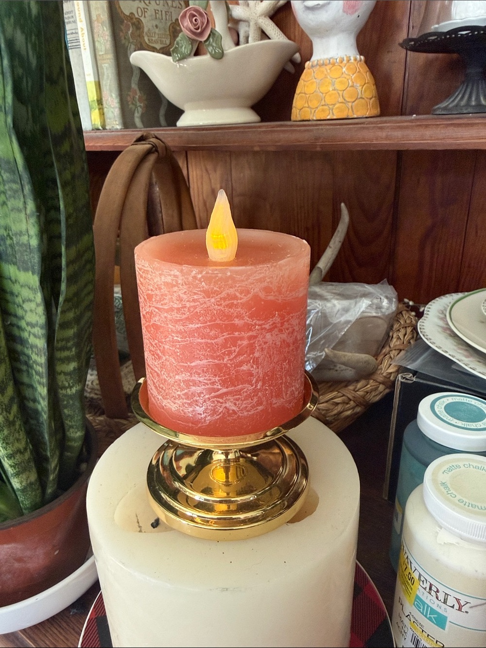 Faux Flame Coral Pillar Candle on Gold Holder - Home Accents